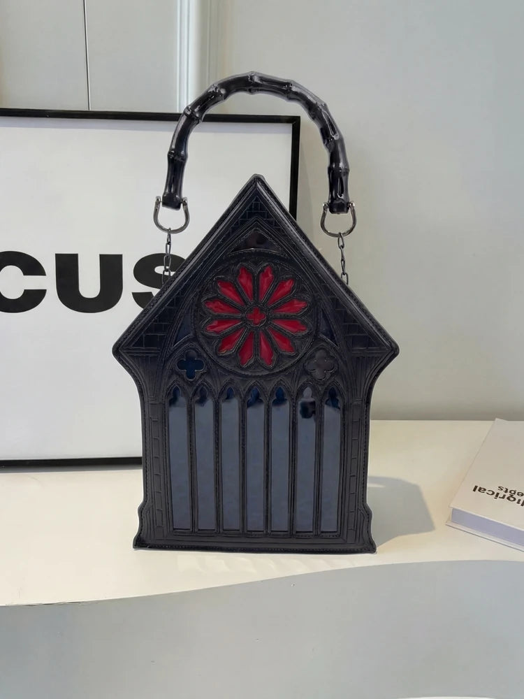 Niche Gothic Chapel Handbag for Women Unique Stained Glass Cathedral Tote Bag Bamboo Crossbody Bag for Dark Grunge Aesthetic