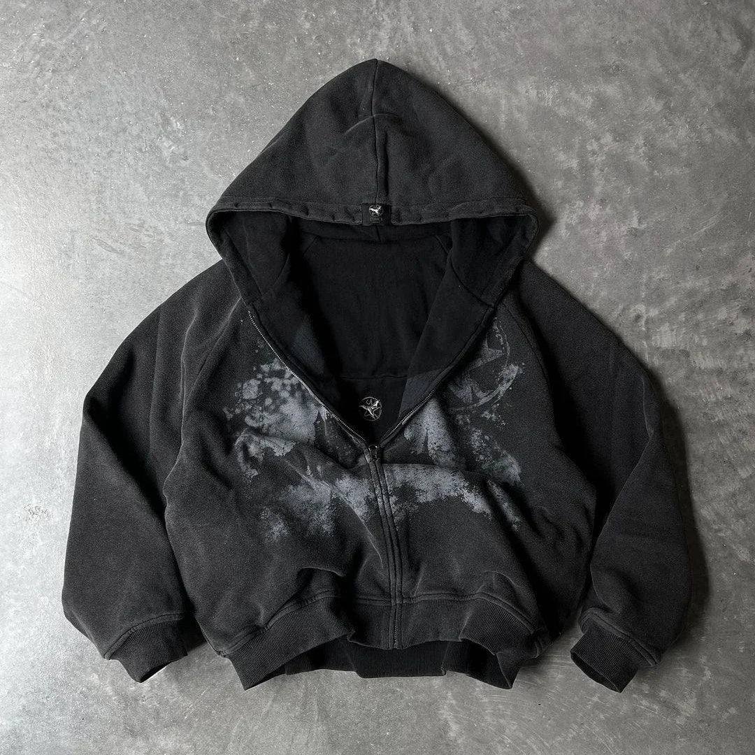 Y2k Gothic Punk Style Printed Star Spot Embroidered Zipper Hoodie Men and Women Fashion Harajuku Retro Oversized Bat Sleeve Top