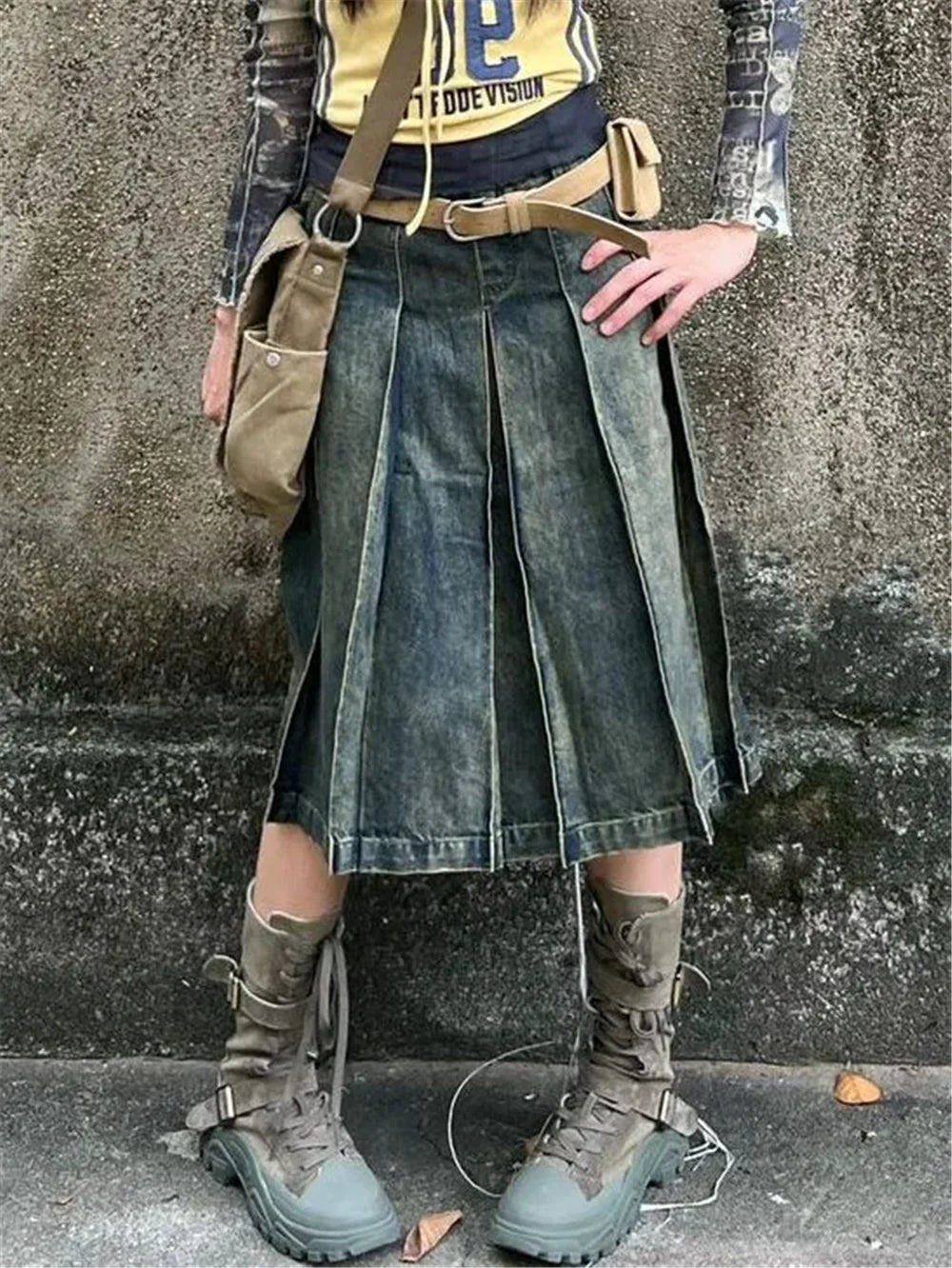American Style Gothic Denim Skirts Women Streetwear Y2k High Waisted Vintage A- Line Middle Long Dress Trendy Fashionable Skirts