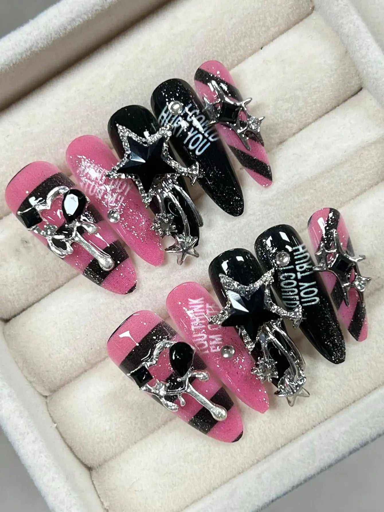 10 Pieces Of Long Water Drop Almond Tip Nails Handmade European And American Hot Girl Striped Nail Art Sequins Fine Glitter