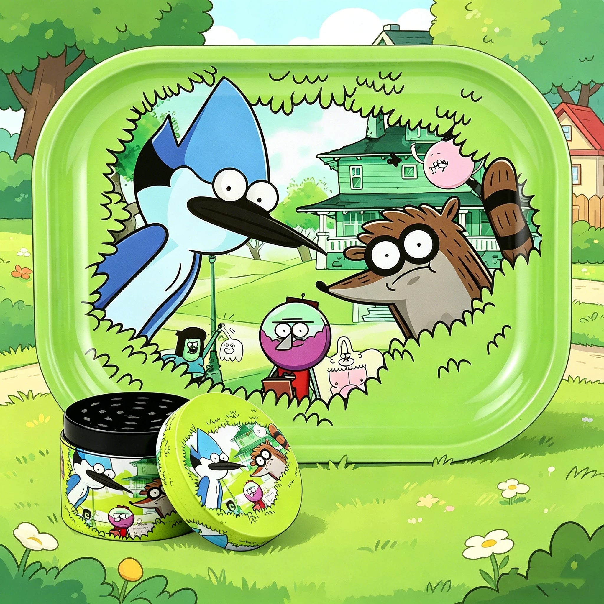 1/2 Pieces Cartoon Bird and Raccoon Metal Rolling Tray and Herb Grinder