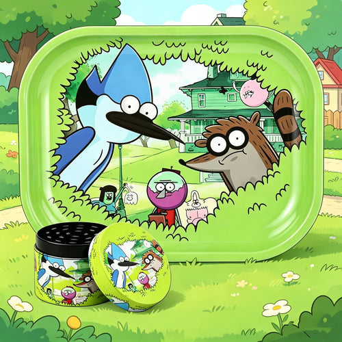 1/2 Pieces Cartoon Bird and Raccoon Metal Rolling Tray and Herb Grinder