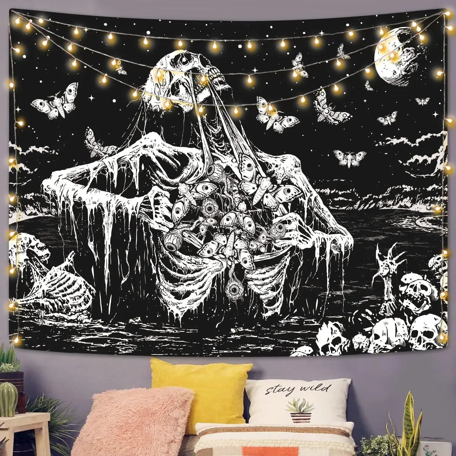 Gothic Skull Tapestry Black and White Skeleton Tapestry Wall Hanging for Bedroom Hippie Eyes Boho Home Decor Trippy Moon Cloth
