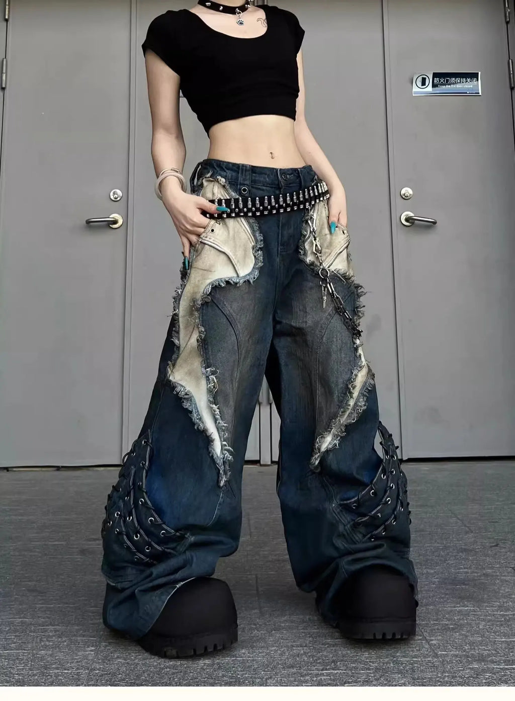 Vintage Patchwork Distressed Jeans Hip Hop Loose Wide Leg Cargo Pants Women's Washed Distressed Denim Trousers