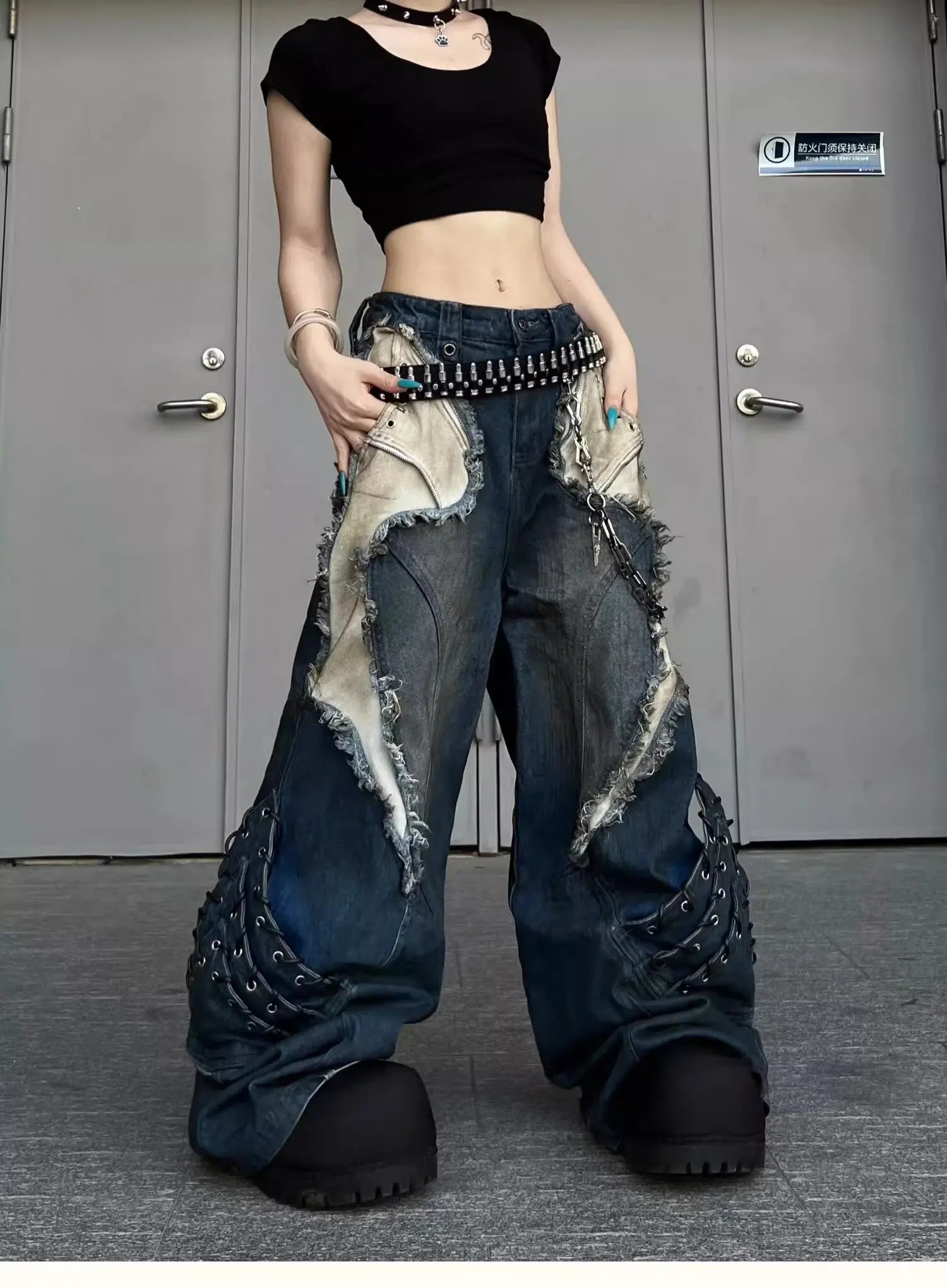 Vintage Patchwork Distressed Jeans Hip Hop Loose Wide Leg Cargo Pants Women's Washed Distressed Denim Trousers