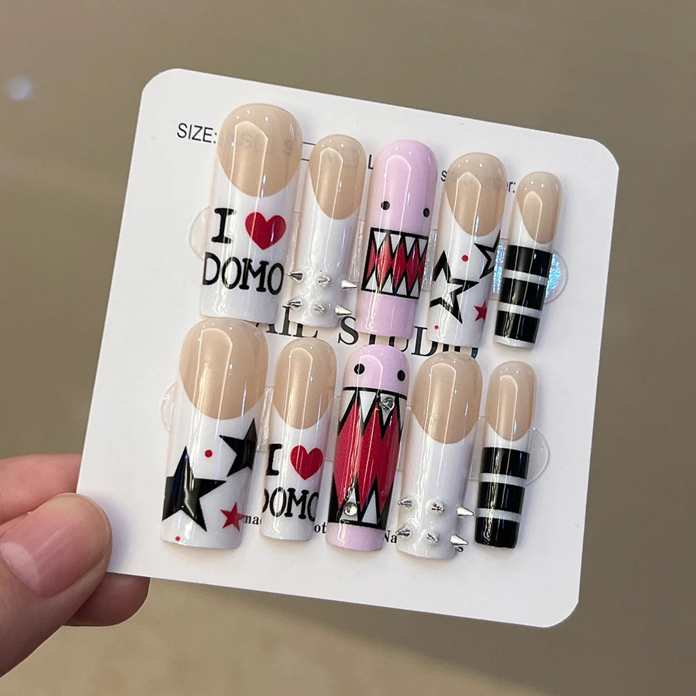 10Pcs/Set Handmade Y2K Long Square  White French press on nails，DoMo Star and Heart pattern Decoration