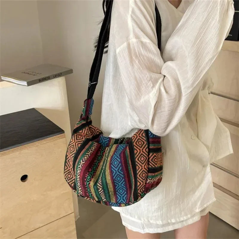 Tribal Style Shoulder Bag, Foldable Crossbody with Zipper Closure, Striped Pattern, Edge Painted Lining
