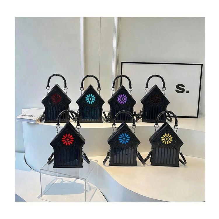 Niche Gothic Chapel Handbag for Women Unique Stained Glass Cathedral Tote Bag Bamboo Crossbody Bag for Dark Grunge Aesthetic