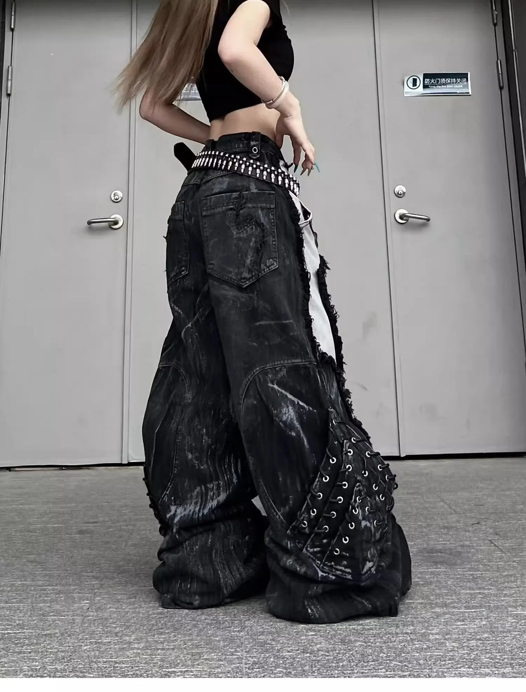 Vintage Patchwork Distressed Jeans Hip Hop Loose Wide Leg Cargo Pants Women's Washed Distressed Denim Trousers
