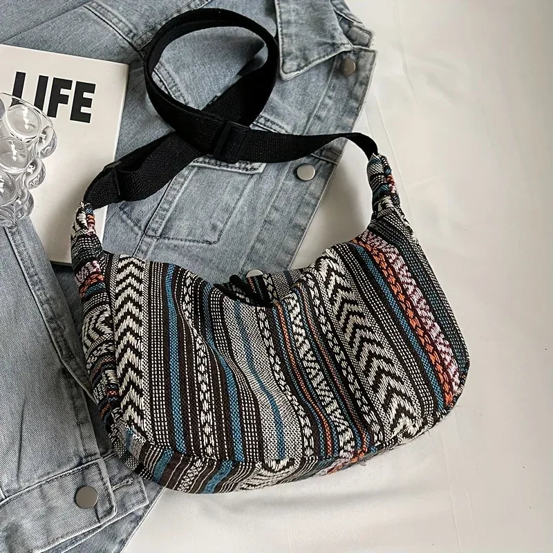 Tribal Style Shoulder Bag, Foldable Crossbody with Zipper Closure, Striped Pattern, Edge Painted Lining