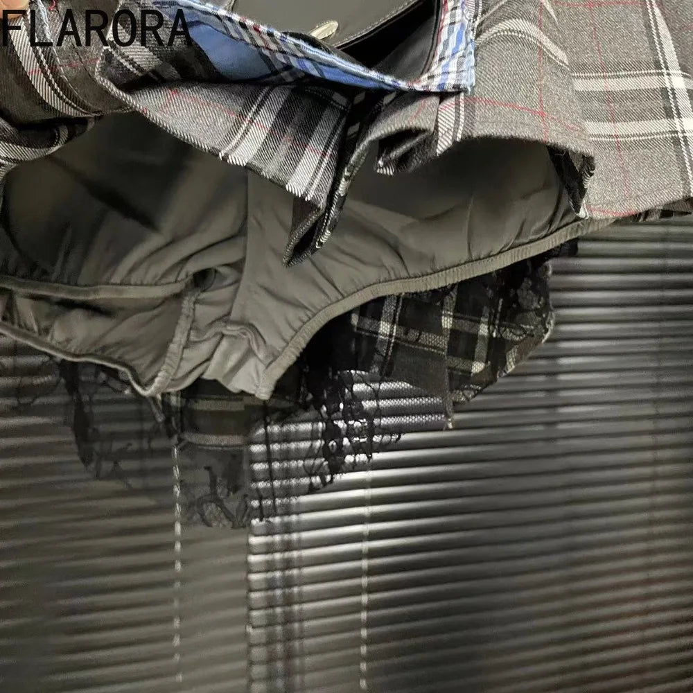 FLARORA Fashion Y2k Patchwork Plaid Design Skirts Woman High Waist Zip Pocket Mini Pleated Skirt Trendy Female Street Bottoms