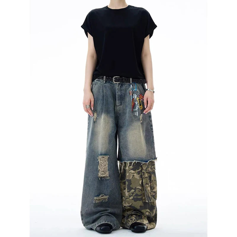 ZHIZOU Women Blue Gothic Baggy Y2k Jeans American Camouflage Ripped Jean Pants Vintage Harajuku Denim Trousers Clothes Spring