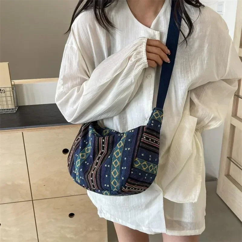 Tribal Style Shoulder Bag, Foldable Crossbody with Zipper Closure, Striped Pattern, Edge Painted Lining