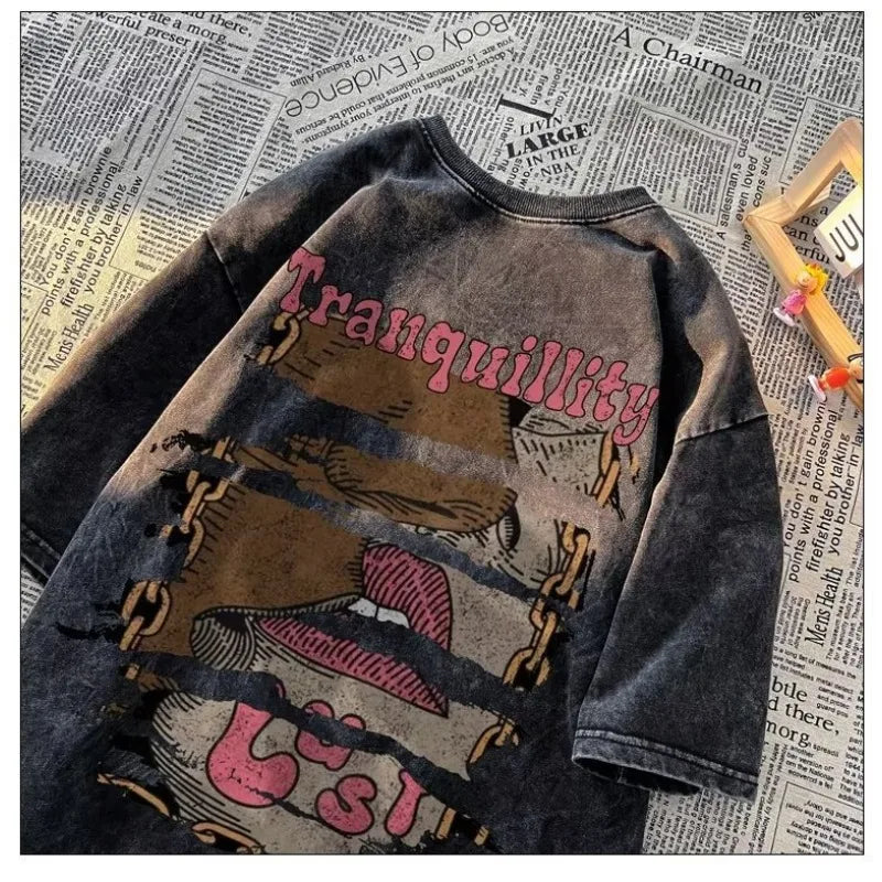 Vintage Washed Black Newspaper Butterfly Print T-Shirt Y2K "Butterfly" Letter Graphic Oversized Tee Casual Short Sleeve Shirt