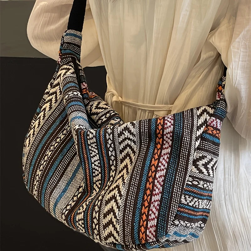 Tribal Style Shoulder Bag, Foldable Crossbody with Zipper Closure, Striped Pattern, Edge Painted Lining