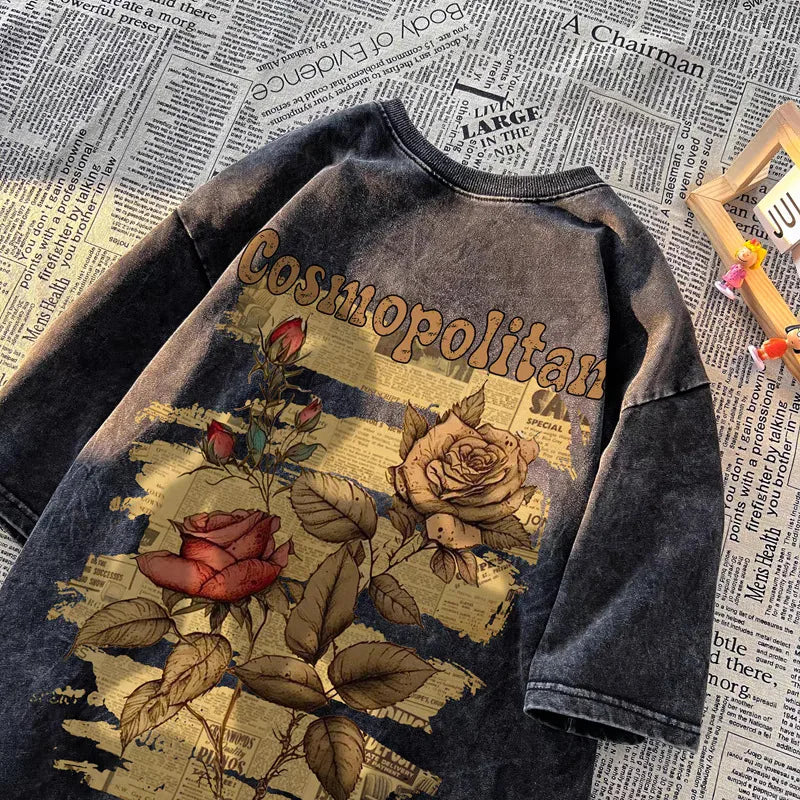 Vintage Washed Black Newspaper Butterfly Print T-Shirt Y2K "Butterfly" Letter Graphic Oversized Tee Casual Short Sleeve Shirt