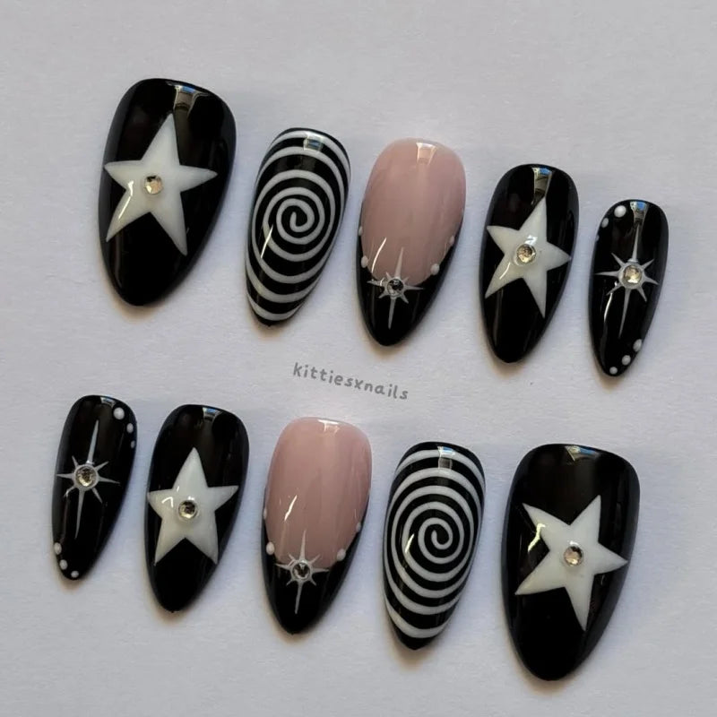 10 pieces of hand-pressed almond-shaped nails, beautiful false nails, featuring black swirl punk stars, suitable for women