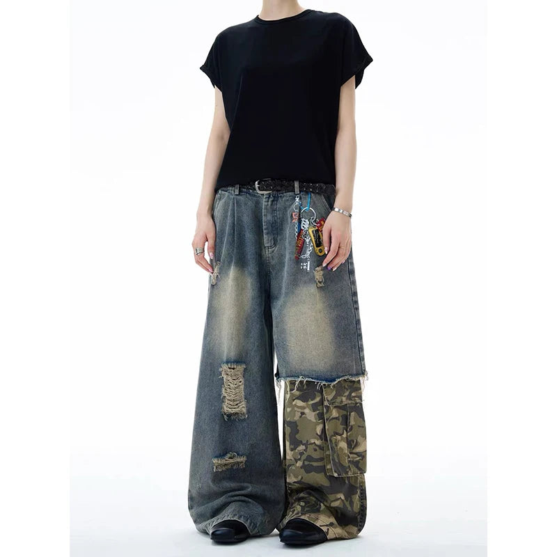 ZHIZOU Women Blue Gothic Baggy Y2k Jeans American Camouflage Ripped Jean Pants Vintage Harajuku Denim Trousers Clothes Spring