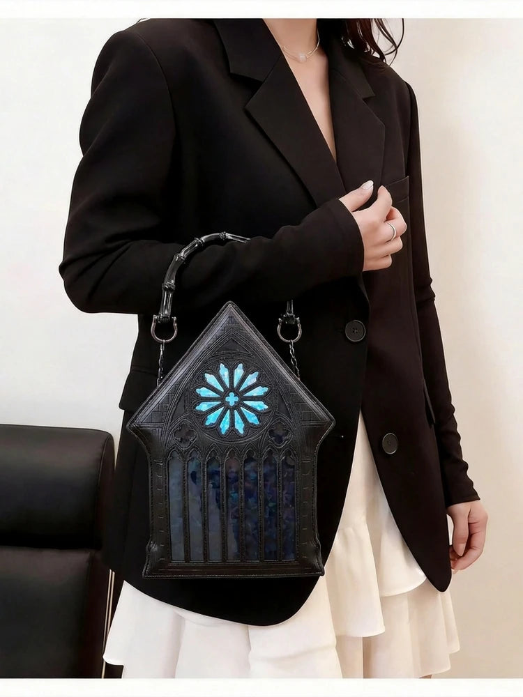 Niche Gothic Chapel Handbag for Women Unique Stained Glass Cathedral Tote Bag Bamboo Crossbody Bag for Dark Grunge Aesthetic