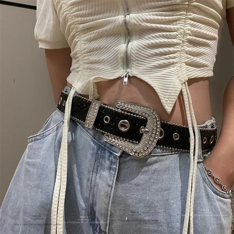 Y2K Fashion Punk Studded Full Rhinestone Belt PU Leather Bling Crystal Adjustable Glitter Waistband for Club Party Girls Gifts