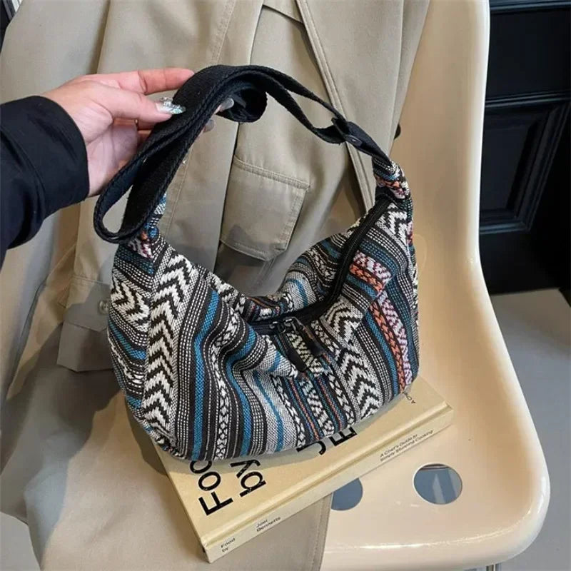 Tribal Style Shoulder Bag, Foldable Crossbody with Zipper Closure, Striped Pattern, Edge Painted Lining