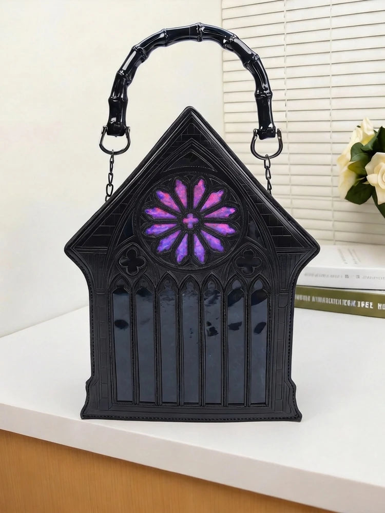 Niche Gothic Chapel Handbag for Women Unique Stained Glass Cathedral Tote Bag Bamboo Crossbody Bag for Dark Grunge Aesthetic