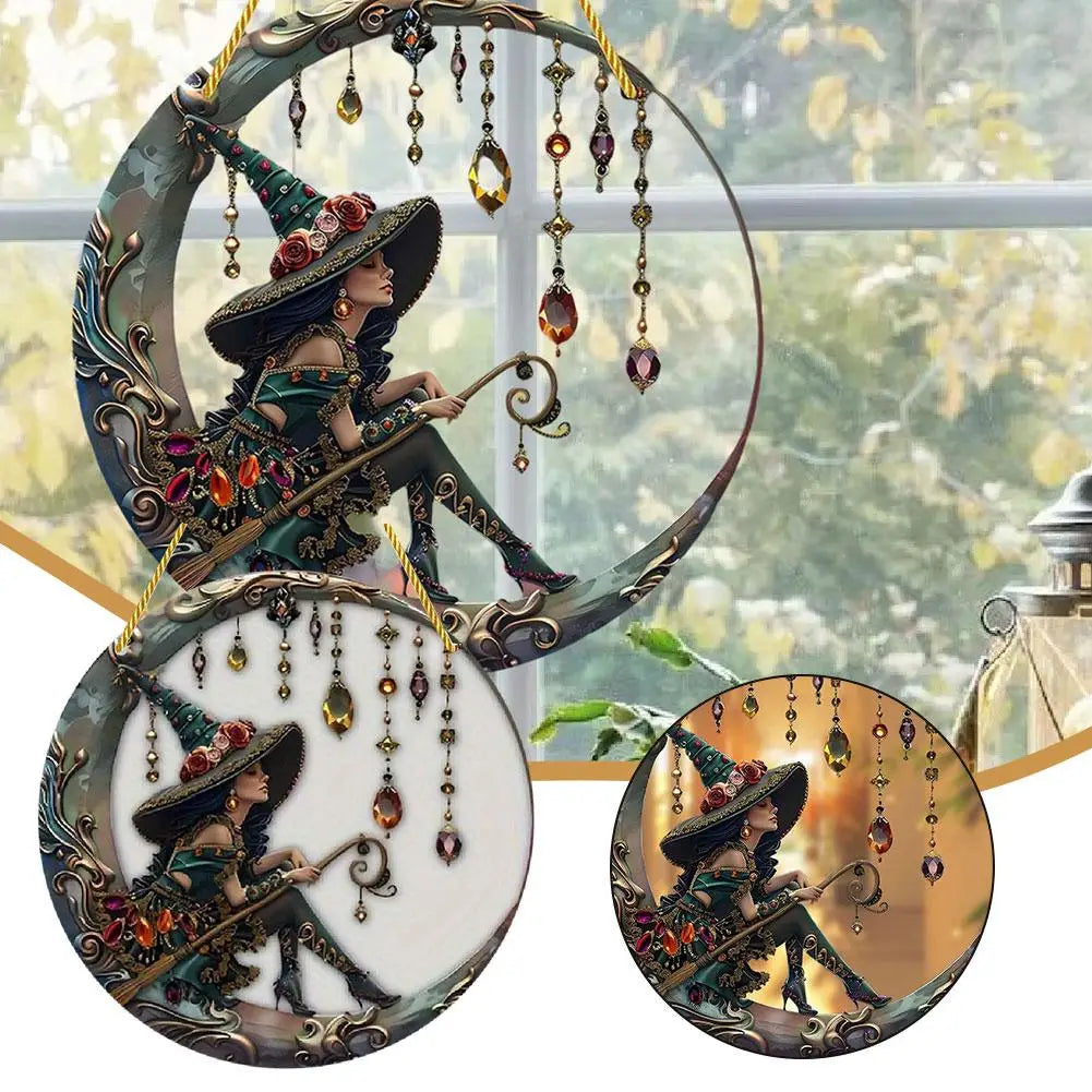 8x8 inch Charming Moonlight Witch Acrylic Stained Glass Window Hanging Sun Catcher Decor Stained Panel Hangings Wall Art Decor