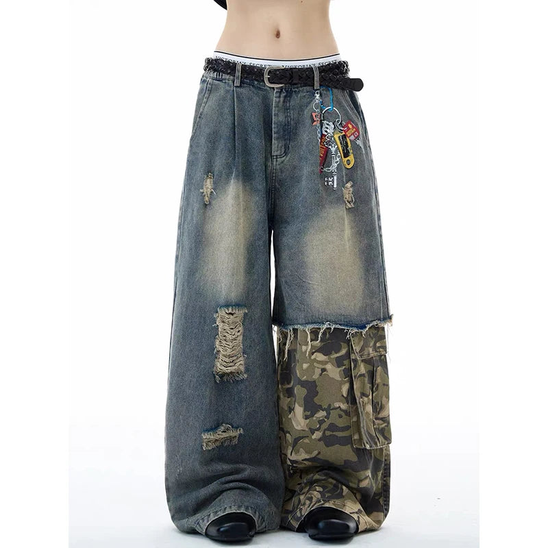 ZHIZOU Women Blue Gothic Baggy Y2k Jeans American Camouflage Ripped Jean Pants Vintage Harajuku Denim Trousers Clothes Spring