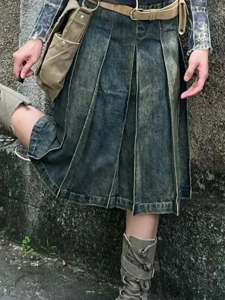 American Style Gothic Denim Skirts Women Streetwear Y2k High Waisted Vintage A- Line Middle Long Dress Trendy Fashionable Skirts
