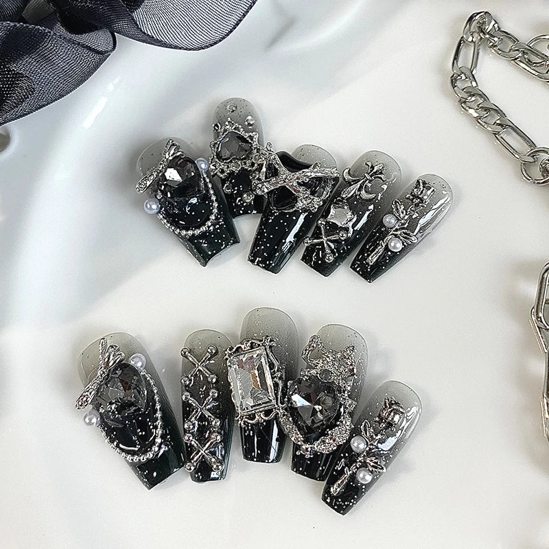 10 pieces of handmade coffin shaped nails, beautiful fake nails, dark gothic nail art, cool metal decoration, suitable for women