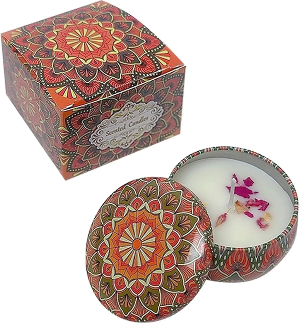 Small Mandala Scented Candle in Tin, 2.36in with Dried Flowers, for Home Decor, Relaxation & Gifting, 40-50H Burn Time