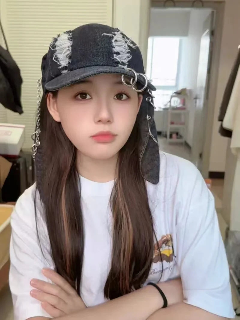 2026 New Y2k Rabbit Ears Denim Ripped Baseball Cap Men and Women Dark Personality Metal Ring Street Trend Adjustable Cosplay Hat