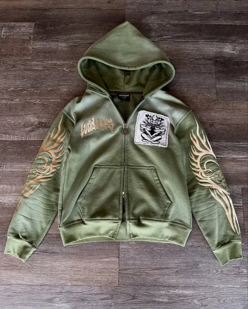 Gothic New Fashion Oversized Pattern Printed Zipper Sweater Men Y2K Vintage Hip Hop Popular Casual Joker Couple Sports Hoodies