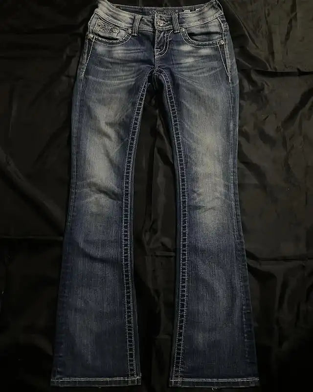 American Retro Y2K Rhinestone Lace Pocket Jeans Womens Low Waist Worn Baggy Jeans Fashionable Casual Wide Leg Trousers