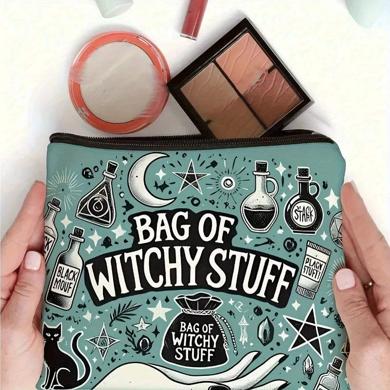 Mystical Witchy Makeup Bag Bohemian Mushroom Zipper Cosmetic Pouch Witch-Themed Printt Moon & StarsTravel Bag Halloween Gift