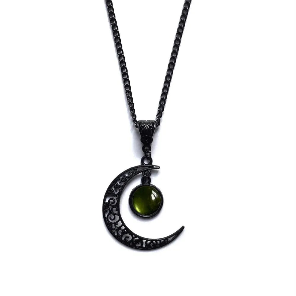 Women Gothic Black Moon Necklace Fashion Mystery Punk Witch Jewelry Accessorie Gift Vintage Hollow Colorful Stone Pendant Choker