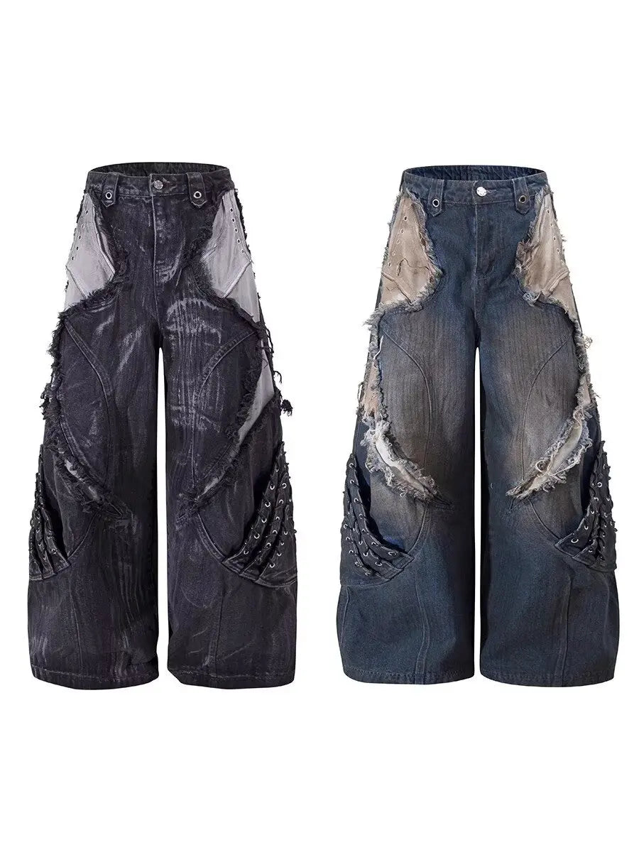 Vintage Patchwork Distressed Jeans Hip Hop Loose Wide Leg Cargo Pants Women's Washed Distressed Denim Trousers