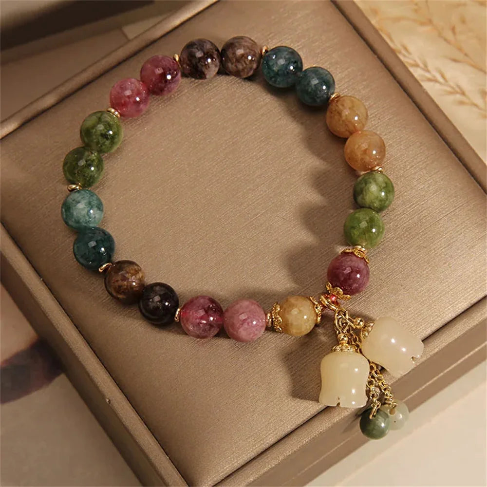Fashion Colorful Tourmaline Crystal Bracelets for Women Men Light Luxury Orchid Pendant Beaded Bracelet Jewelry Gift