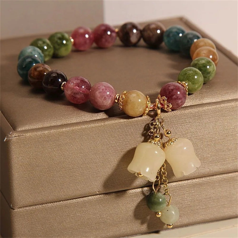 Fashion Colorful Tourmaline Crystal Bracelets for Women Men Light Luxury Orchid Pendant Beaded Bracelet Jewelry Gift