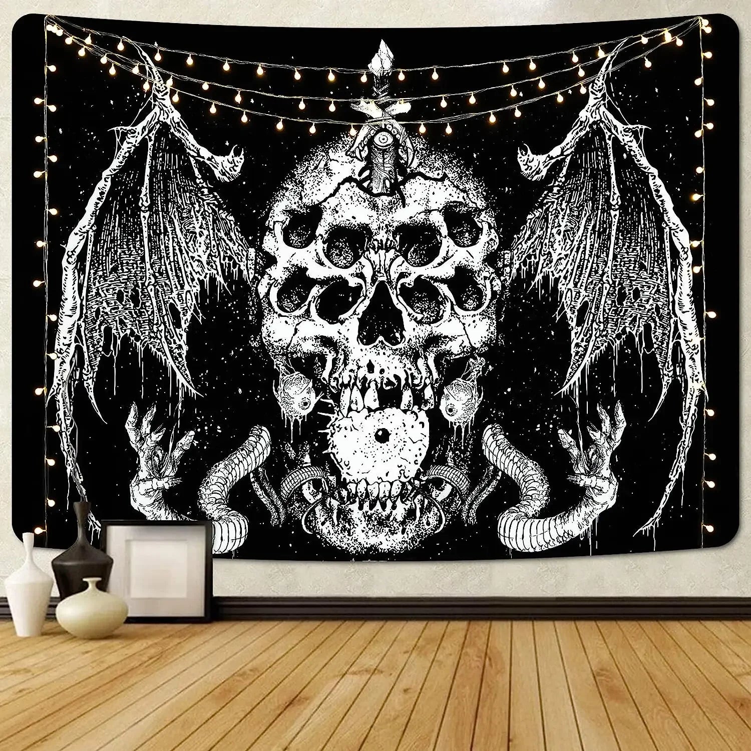 Gothic Skull Tapestry Black and White Skeleton Tapestry Wall Hanging for Bedroom Hippie Eyes Boho Home Decor Trippy Moon Cloth