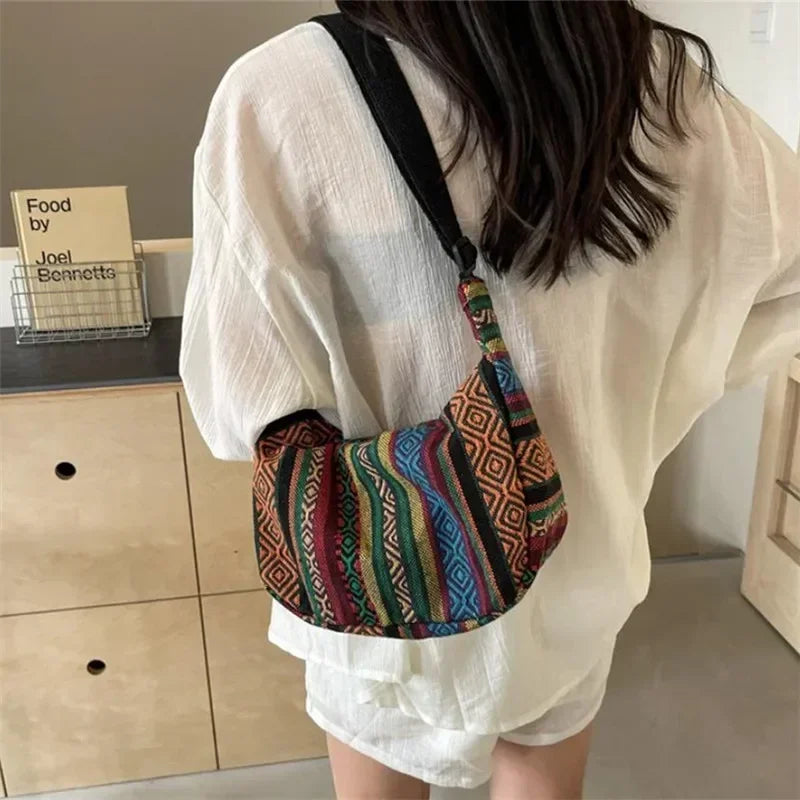 Tribal Style Shoulder Bag, Foldable Crossbody with Zipper Closure, Striped Pattern, Edge Painted Lining