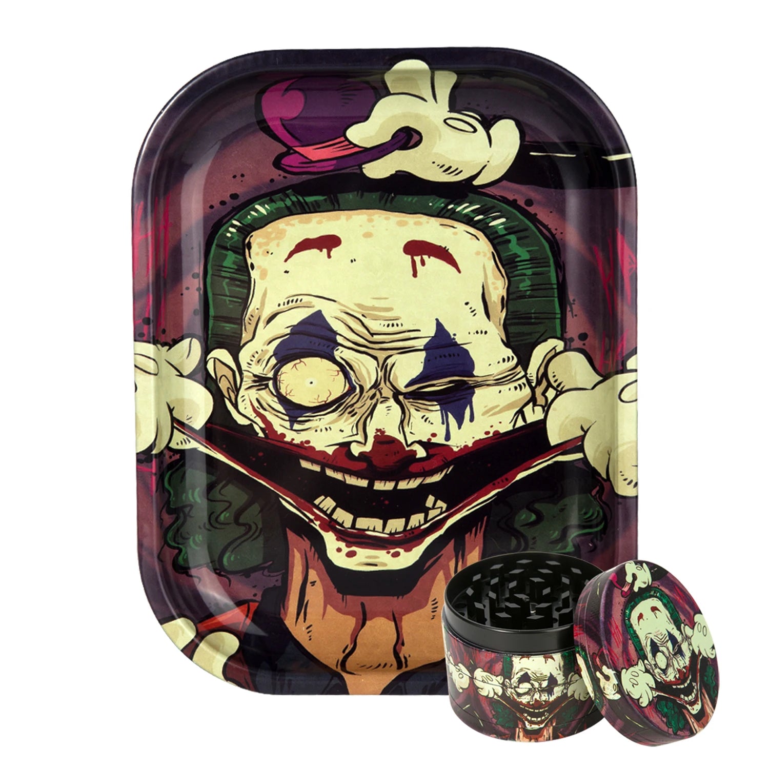 1/2 Pieces Spooky Clown Metal Rolling Tray and Herb Grinder
