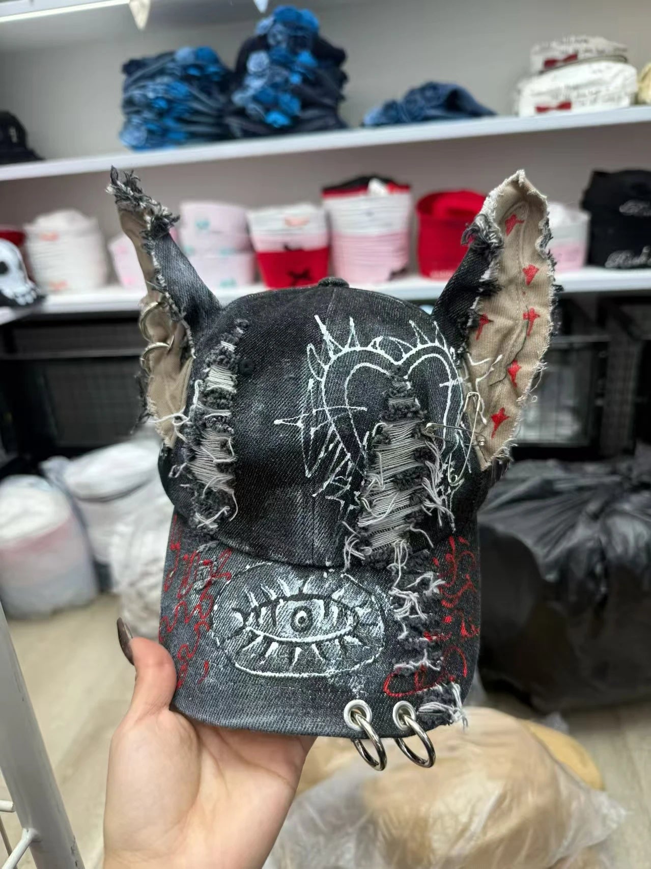 2026 New Y2k Rabbit Ears Denim Ripped Baseball Cap Men and Women Dark Personality Metal Ring Street Trend Adjustable Cosplay Hat