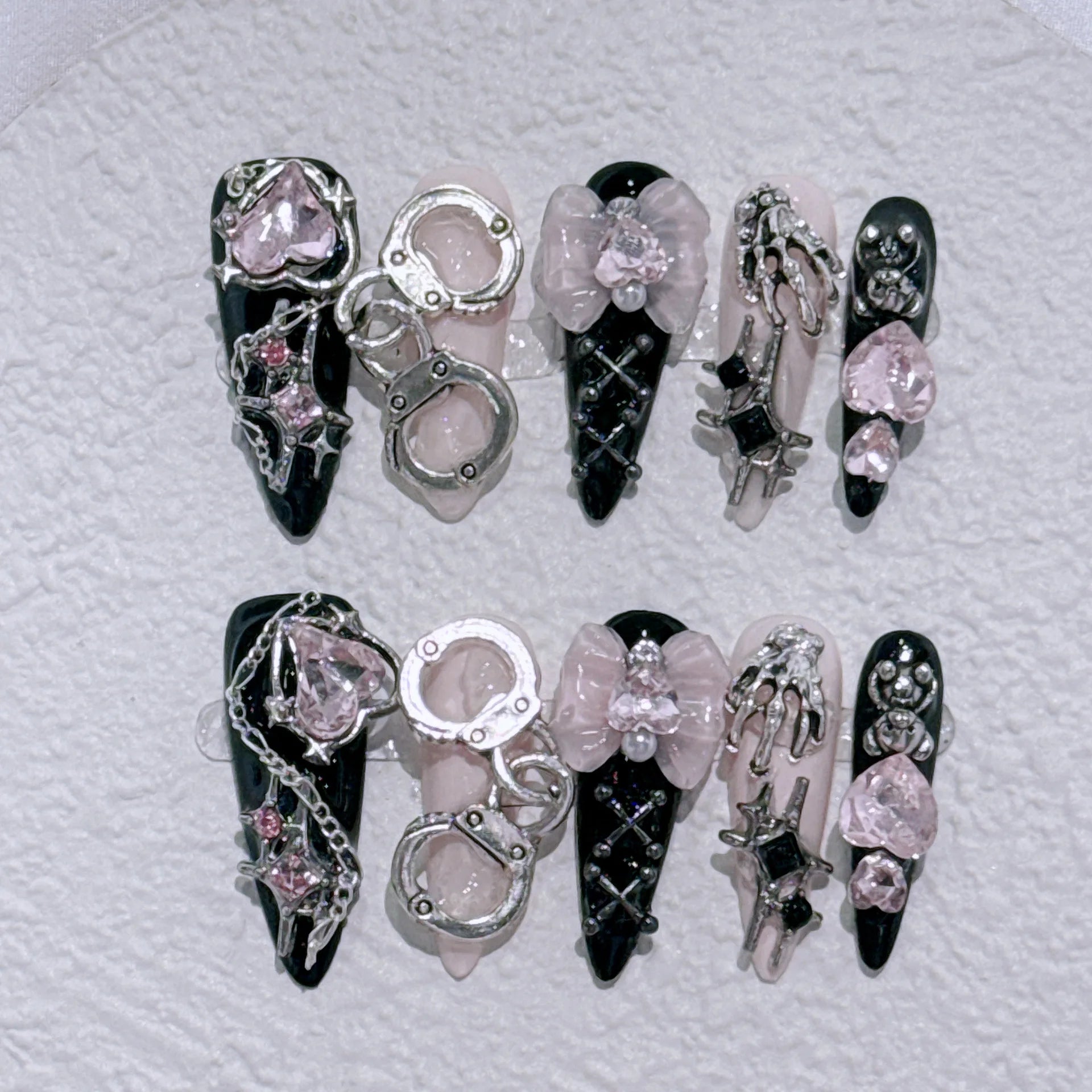 Long Stiletto Press on Fake Nails Blue Heart Diamond Bow Decoration False Nail Y2K Fashion Artificial Nail Handmade Acrylic Nail