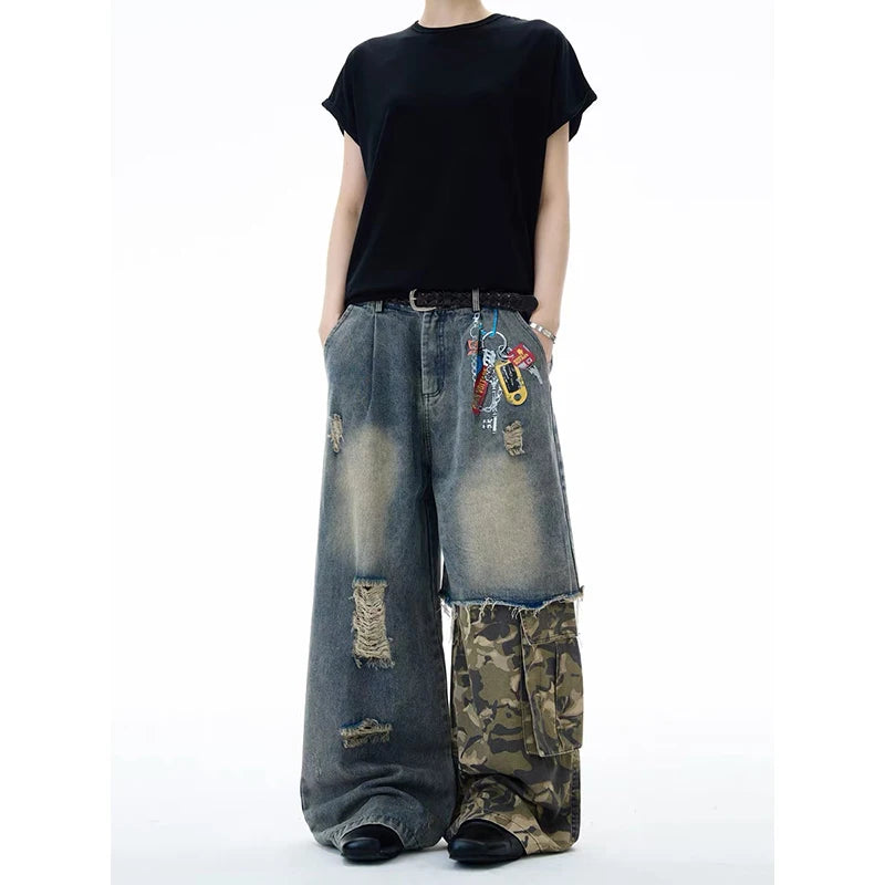 ZHIZOU Women Blue Gothic Baggy Y2k Jeans American Camouflage Ripped Jean Pants Vintage Harajuku Denim Trousers Clothes Spring