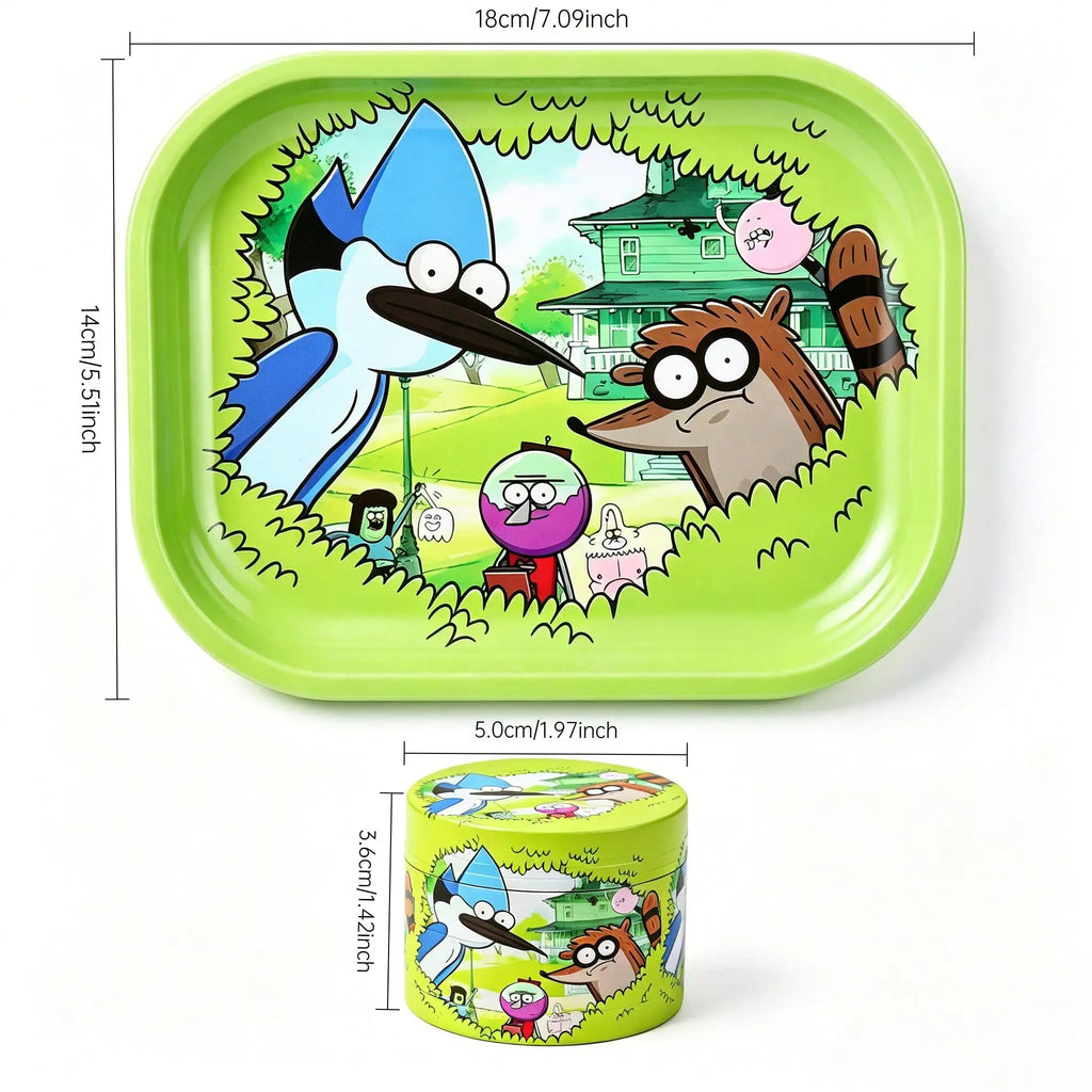 1/2 Pieces Cartoon Bird and Raccoon Metal Rolling Tray and Herb Grinder