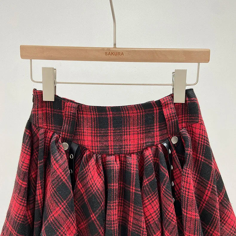 Asymmetrical Plaid Skirt with Straps High Waist Harajuku Mini Skirt Kpop Punk Gothic Red Black Tartan Skort Grunge Y2K Alt Girls