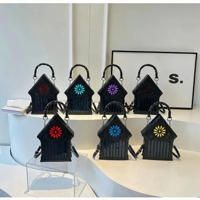 Niche Gothic Chapel Handbag for Women Unique Stained Glass Cathedral Tote Bag Bamboo Crossbody Bag for Dark Grunge Aesthetic