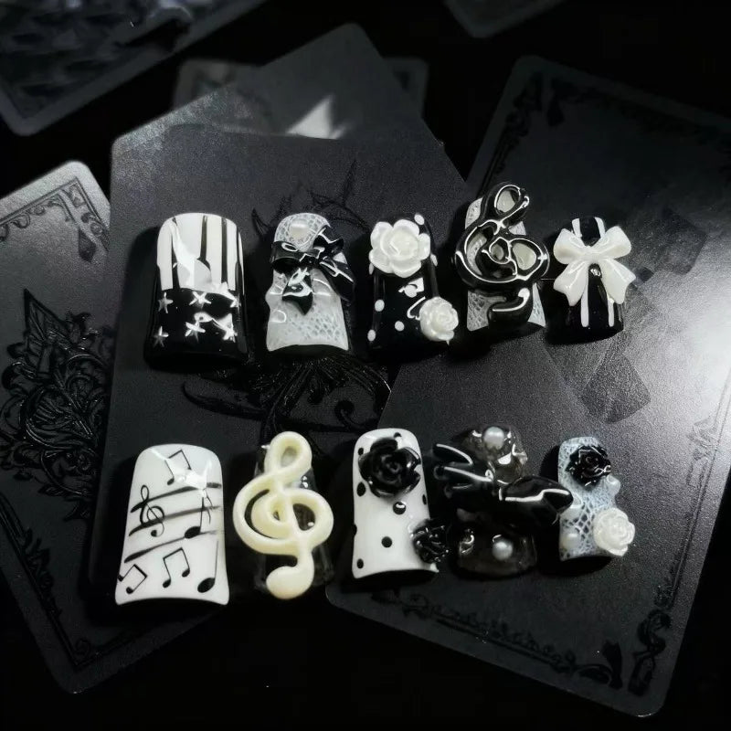 New 10pcs Handmade Gothic Press on Nails Punk Dark 3D Musical Note Design False Nails Fashion Duckbilled French Fake Nail Tips
