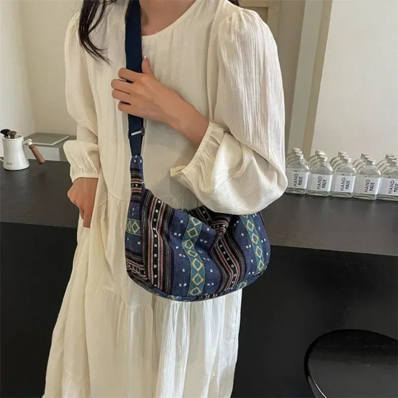 Tribal Style Shoulder Bag, Foldable Crossbody with Zipper Closure, Striped Pattern, Edge Painted Lining
